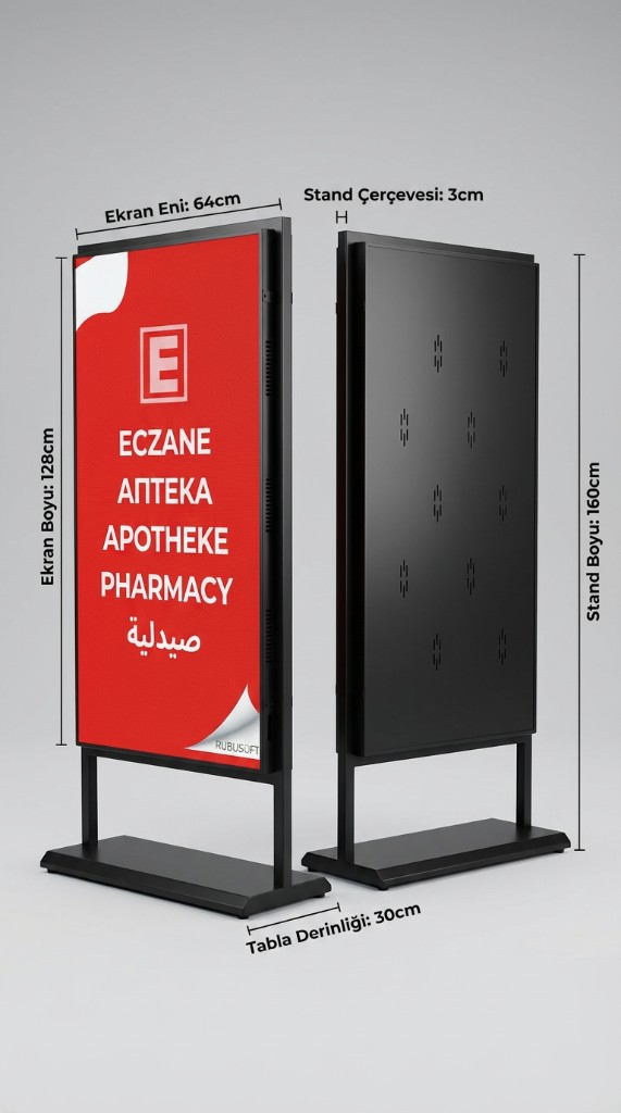 64×128 cm Boardline LED poster — ön ve arka görünüm, ekran ve stand ölçüleri