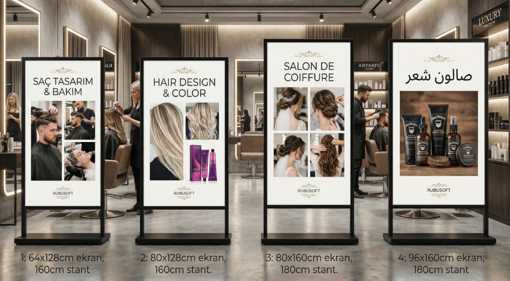 Kuaför salonunda dört farklı boy dijital poster ekran