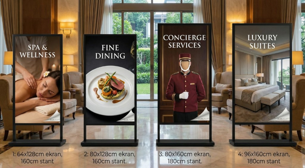 Otel lobisinde dört farklı boy dijital poster ekran
